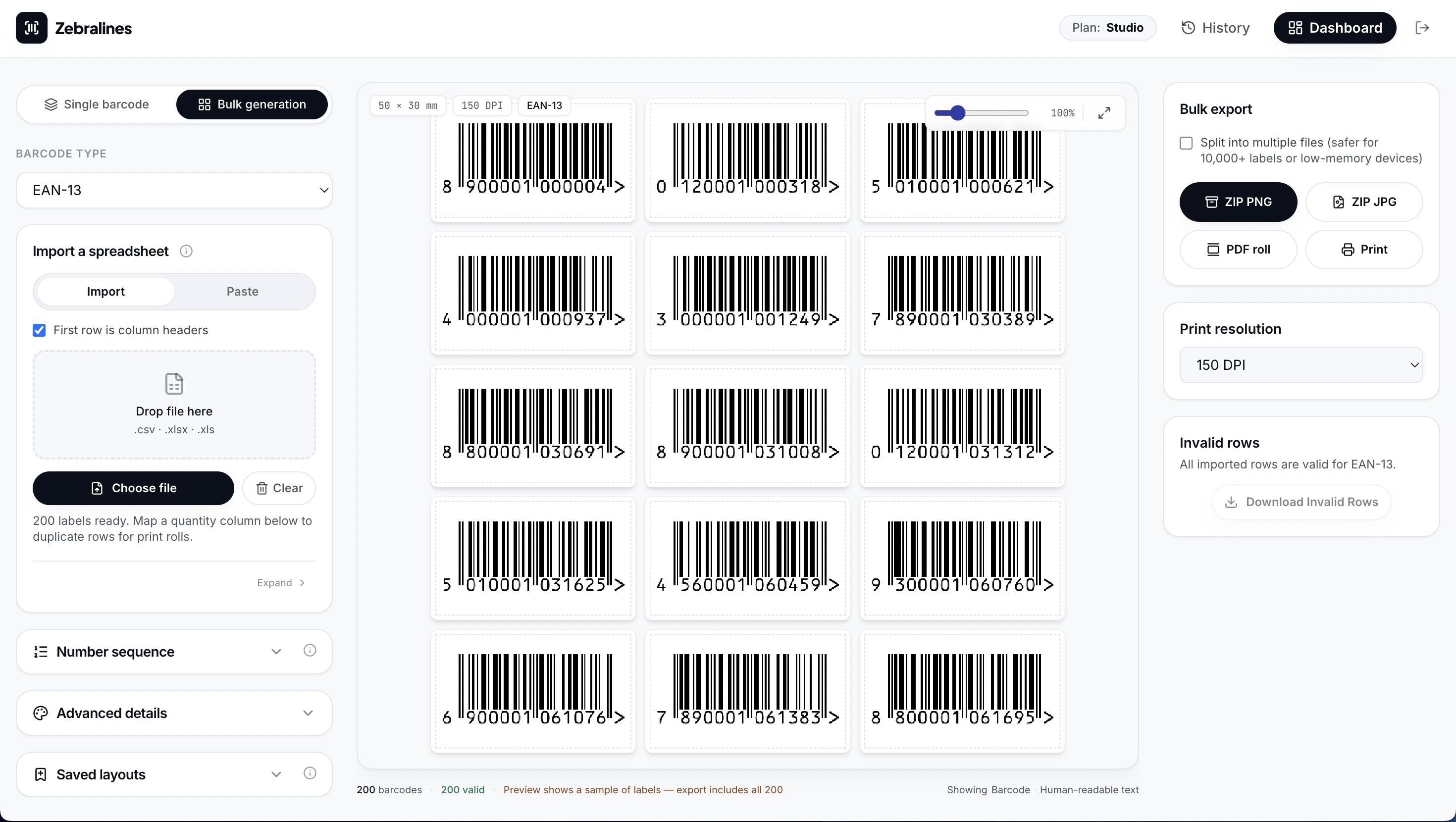 Zebralines bulk workspace showing format picker, live label preview, export panel, and row validation